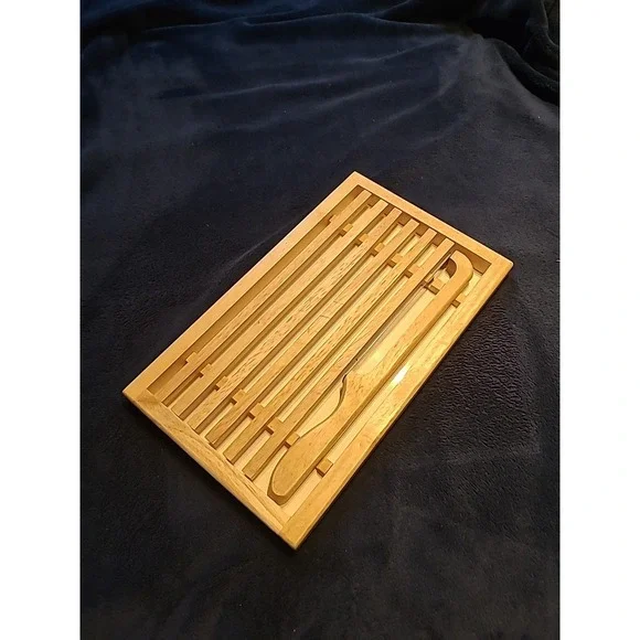 Wooden Bread Cutting Board With Bow Knife And Crumb Tray