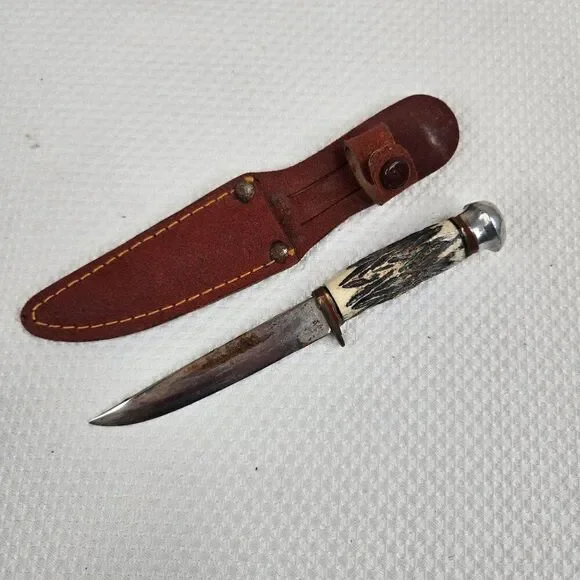 Vintage 60s Fixed Blade Dagger Knife Stag Handle Leather Sheath Japan EA Co