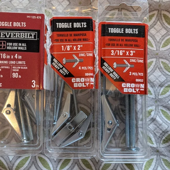 3 Packages Of Crown Bolt Toggle Bolts Set. 1/8
