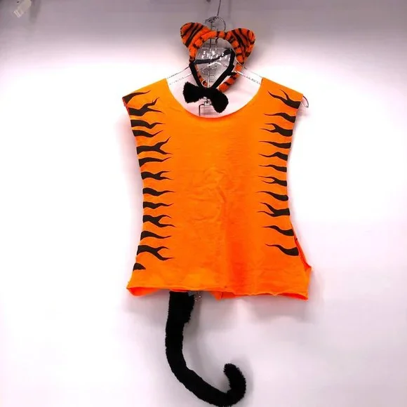 4 Piece Tiger Cat Costume Hand Painted & Cut Tee, Tail, Ears & Necktie Halloween