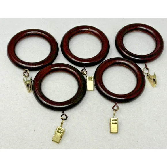 2 Inch Wooden Curtain Drapery Rings w/‎ Hook Clips Set of 5 Dark Brown