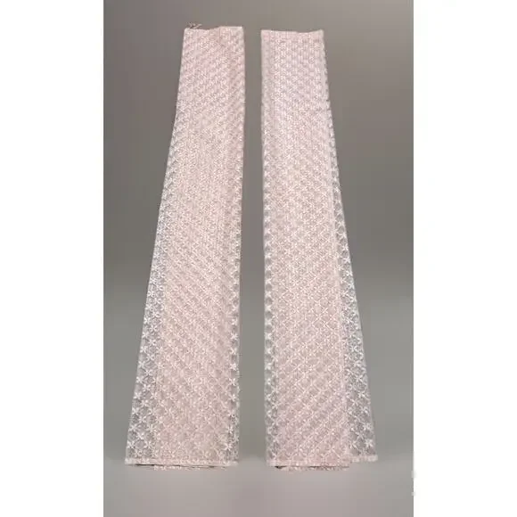 Vintage 70s Peach Embroidered Floral Sheer Lace Curtain Panels Light Orange 2pc