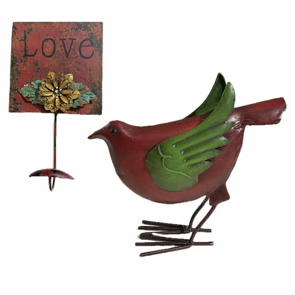 Rustic Folk Art Bird and Sign Wall Decor. Both items are metal painted red etc.