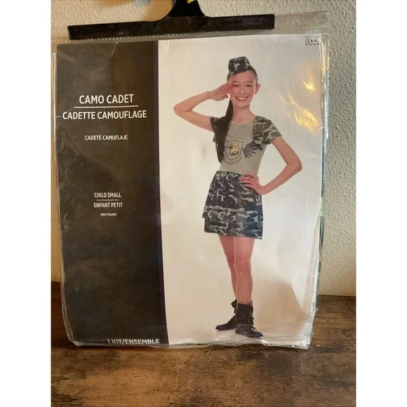New Girls Camo Army Cadet Camouflage‎ Halloween Costume Hat & Dress Small 4-6