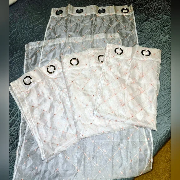 Mainstays 4 Sheer White Curtains with Pink Embroidery 27.5