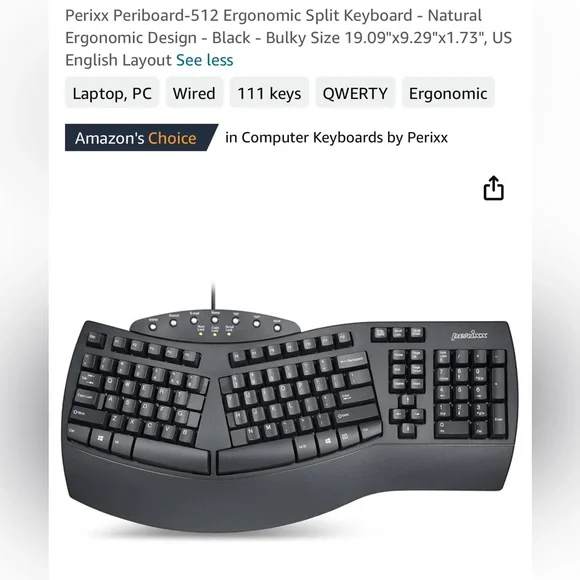 Perixx Periboard-512 ergonomic split black USB keyboard