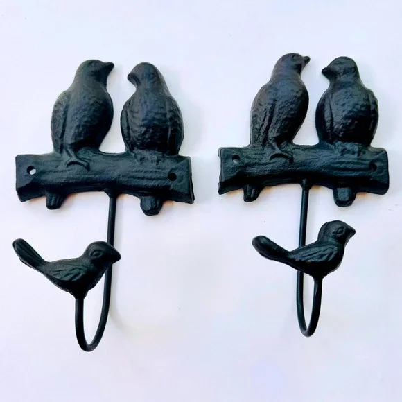 Cast Iron Bird Hooks Wall Mounted Coat Hat Towel Hangers Decorative Pair Rustic