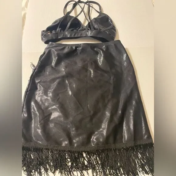 LA dance solo costume black metallic 2 piece fringe SAMBA SKIRT SA-Small adult