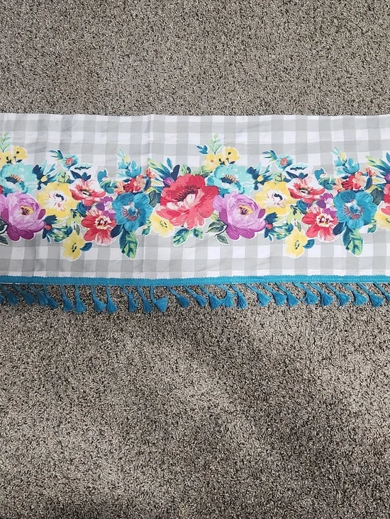 The Pioneer Woman Floral Gingham Curtain Panel with Turquoise Fringe