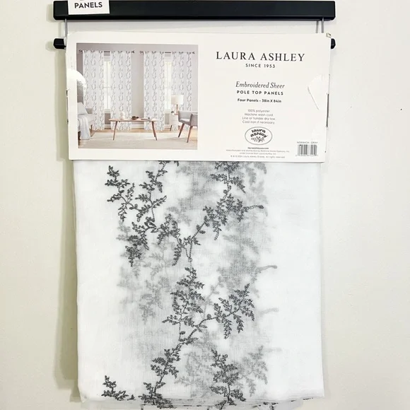 4 Laura Ashley Embroidered Floral Vines Sheer Curtains 38x84” New