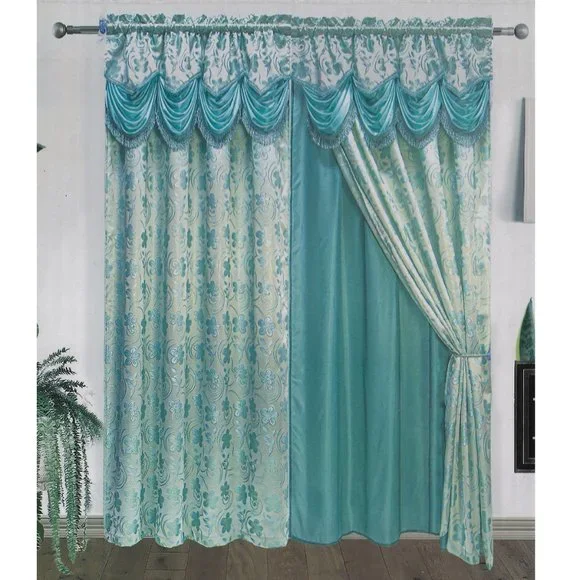 Teal Curtains Jacquard Panel with Backing Attached Waterfall Valance with Tassel