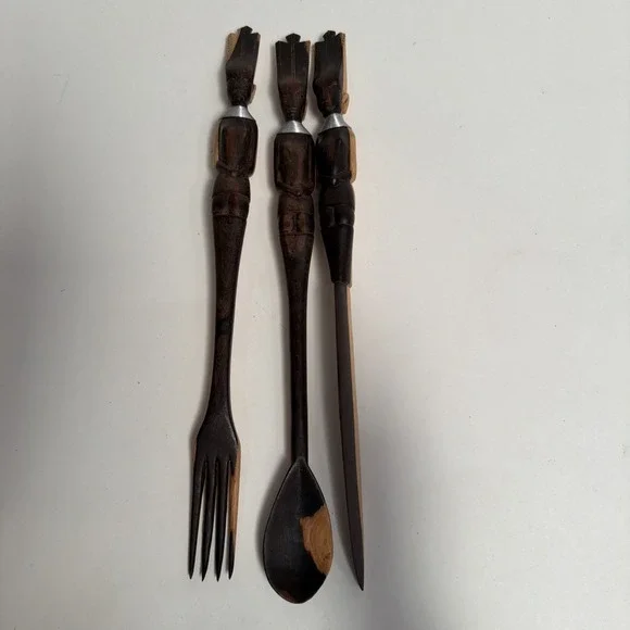 Vintage Wooden Hand-carved‎ Tribal African Spoon, Fork And Knife Art Deco 16