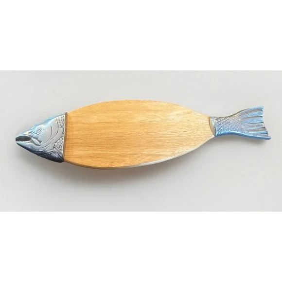 Vintage‎ Salmon Fish Wood And Pewter Cutting Board Charcuterie Serving Tray 26