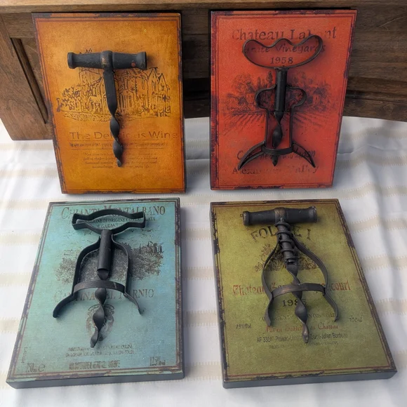 Wine Corkscrew Vtg Wall Decor Set Of 4- Multicolor