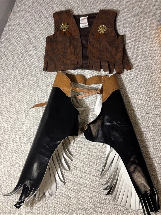 Kids Black & Tan Chaps and Brown Western Fringe Vest Costume Set