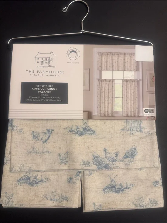 THE FARMHOUSE by Rachel Ashwell Set of 3 Cafe Curtains/Valance -Light Filtering