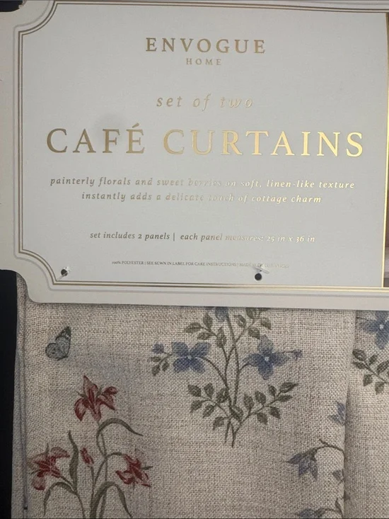 2pc ENVOGUE Café Curtains in Beige with Red Strawberry & Blue Floral Print Set