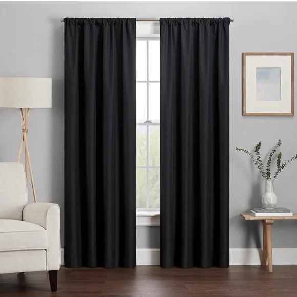 RE Room Essentials 2 Black Thick Room Darkening Blackout Curtains Drapes 84”