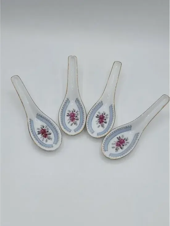 Cathay Porcelain Soup Spoons Set of 4 Floral Rose Gold Trim China