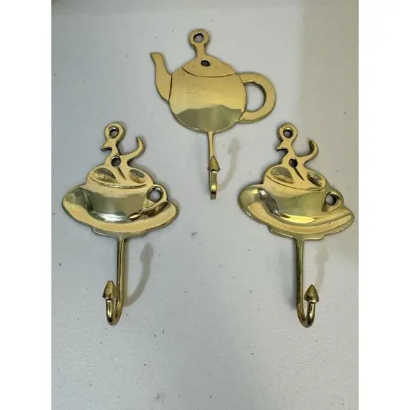 Kemp & Beatley Vintage Metal Brass Teapot & Coffee Cup Wall Hooks Set Of 3