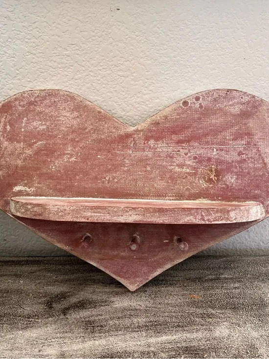 Vintage Rustic Pink Wood Heart Shaped Farmhouse Wall Shelf w/3 Pegs 18