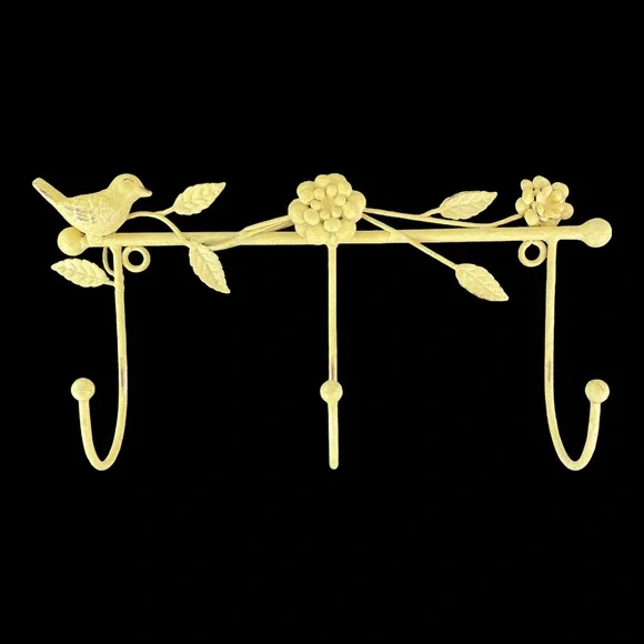 Wrought Iron Wall Rack w/ 3 Hooks Coats Hats Birds Flower Accents
