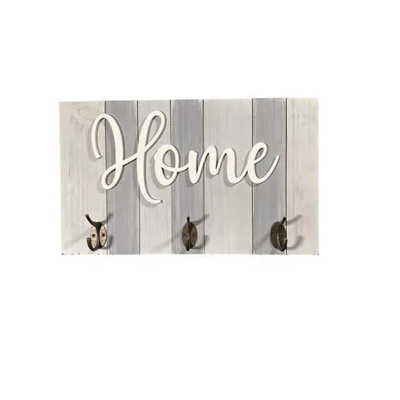 Rustic Farmhouse Wood Home Sign Wall Mount Coat Rack 3 Hooks Gray White Striped