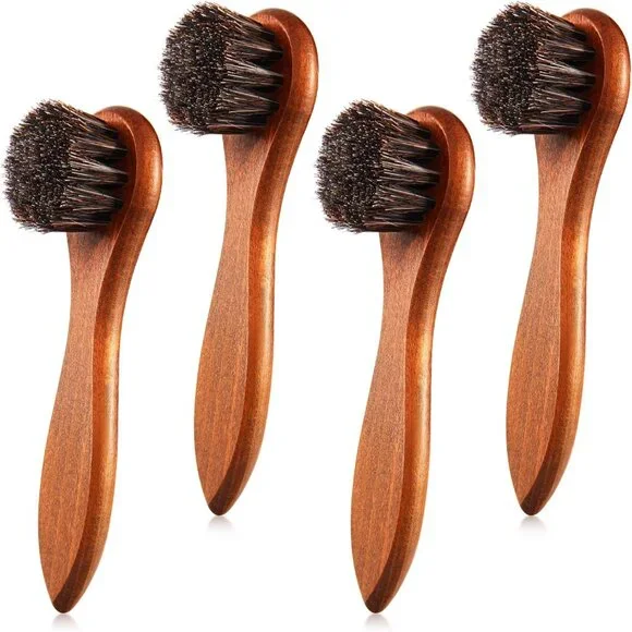 4-In-1 Wooden Handle Horsehair Brush Kit with Microfiber Cloth for Shoe Shine