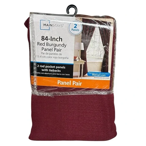 Mainstays Red Burgundy Panel Pair Rod Pocket with Tiebacks 40