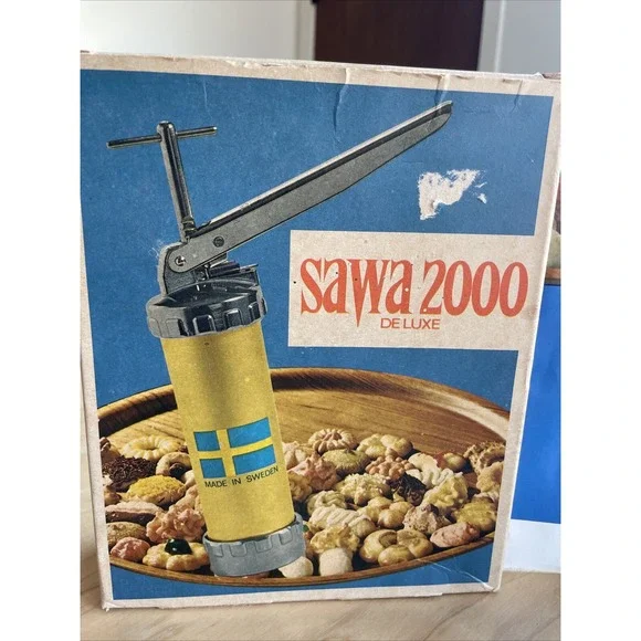 Vintage SAWA 2000 Deluxe Metal Cookie Press Decorator Gun w/Box Sweden Complete‎