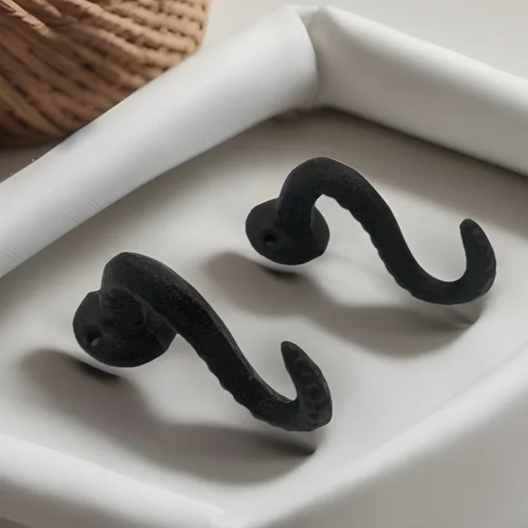 2 Brown Cast Iron Wall Hooks OCTOPUS TENTACLE, Bathroom Towel/Coat Hook Nautical