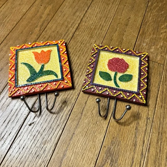 Colorful Mosaic Floral Wall Hooks - Orange and Red