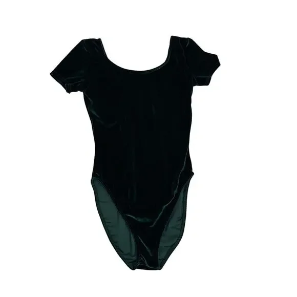 Capezio Short Sleeve Green Velvet One Piece Leotard Bodysuit Size Girl's Large