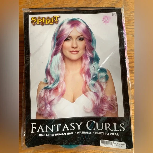 Spirit Halloween Fantasy Curl Pastel Pink Purple Blue Hair Wig Costume OS