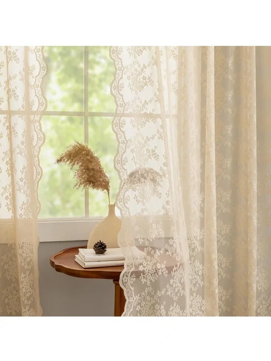 Lace Sheer Window Curtain Panel - Cream 4 Pieces