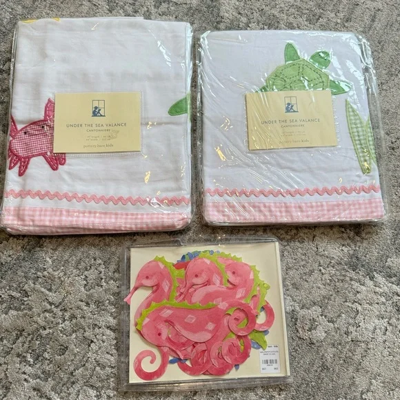 Pottery Barn Kids Under The Sea Valances (2) and Seahorse Wallies Wall Decals