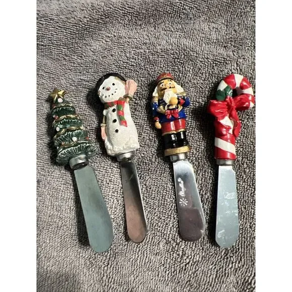 (4) Christmas Cheese Spreaders Stainless Steel Knives‎ Boston Warehouse Radko