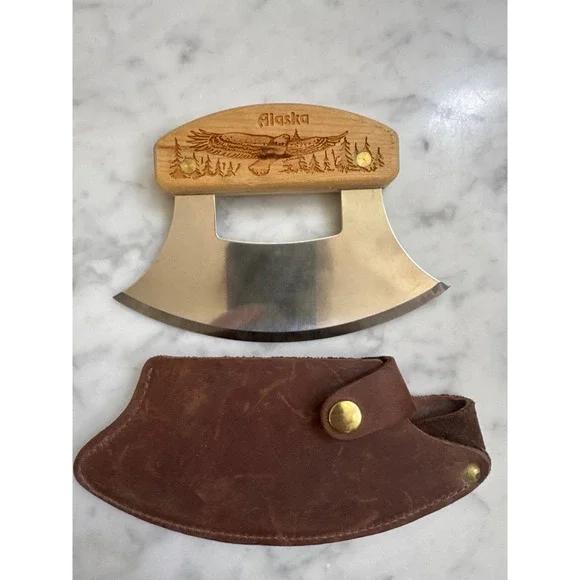 Alaska Ulu Knife Stainless Steel Blade Wood Handle Eagle Etched Leather Sheath