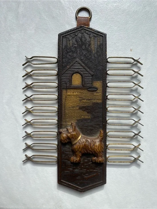 Antique Tooled Leather & Metal Scotty Dog Holder Vintage