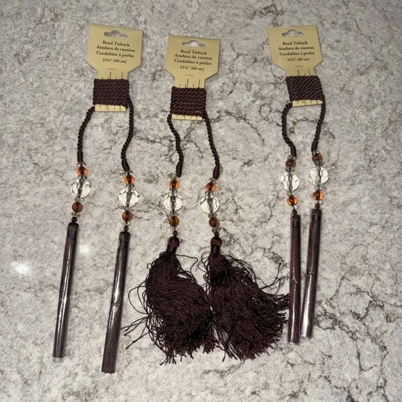 Set Of 3 Rope Tassel Drapery Curtain Bead Tieback 4.75 In Tassels Brown 23.5 In