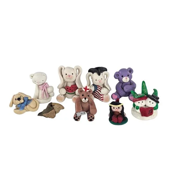 Polymer Clay Animal Miniature Figurine Lot Rabbit Dog Bear Bird Cat