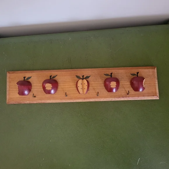 Red Apple Wooden Wall Hook Rack - Rustic Home Wall Decor