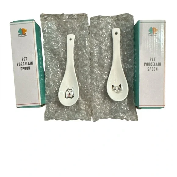 Pet Porcelain Spoon Set with Dog and Cat Motifs - White Kitchen Gift Idea NWOT