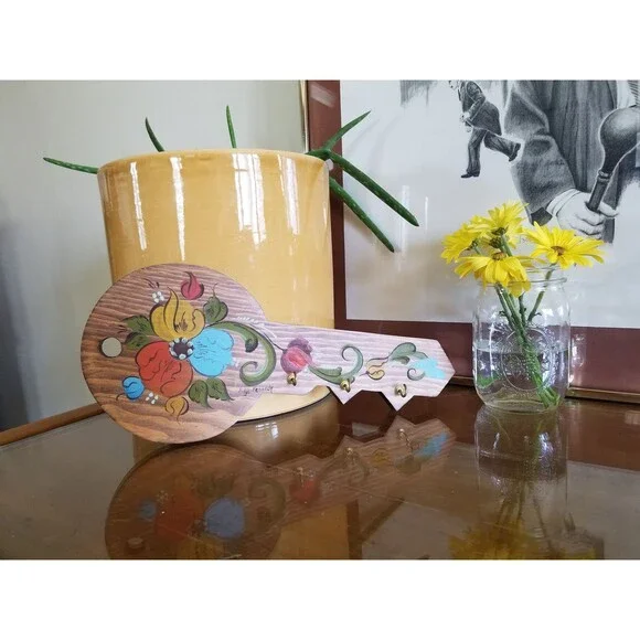 Vintage Handpainted Wooden Key Shaped Key Holder by Helga Kennedy