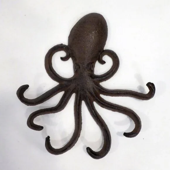 NEW 7” CAST IRON RUSTIC BROWN NAUTICAL SEA OCTOPUS WALL COAT TOWEL HOOK