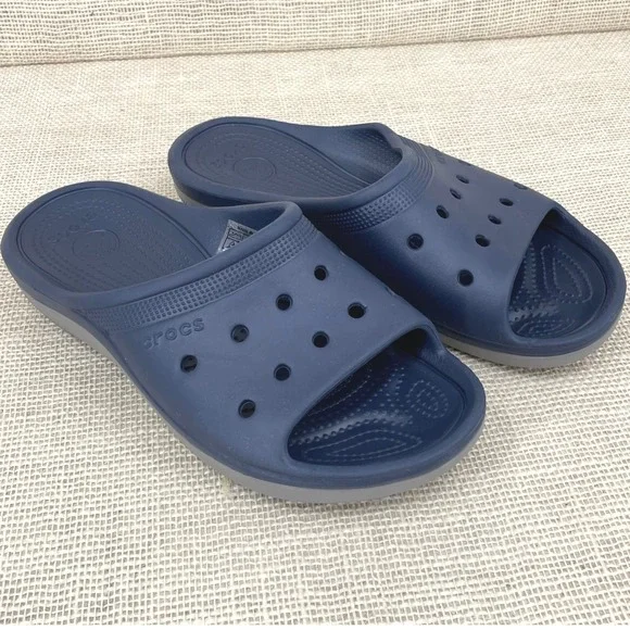 Crocs Classic Slide Navy Blue Grey Mens 9 Womens 11 Sandals 12030