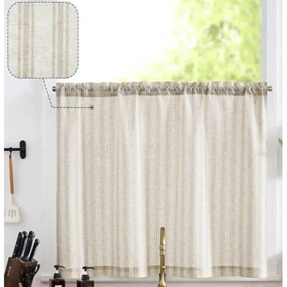 Jinchan Linen Kitchen Curtains 36 Inch Length Striped Tier Curtain 1 Panel