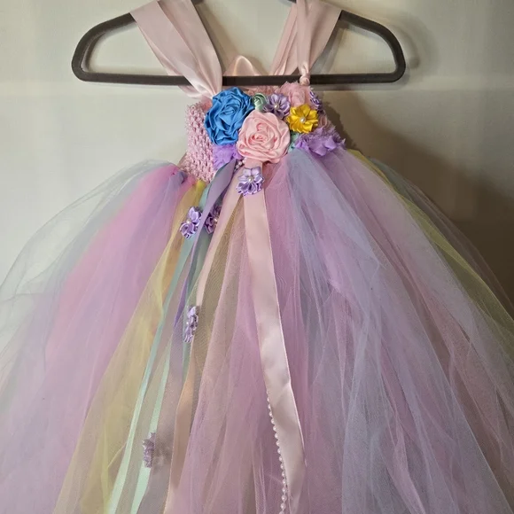 ANGEL TUTU Girls Pastel Floral Tulle Dress With Satin Flower Embellishments