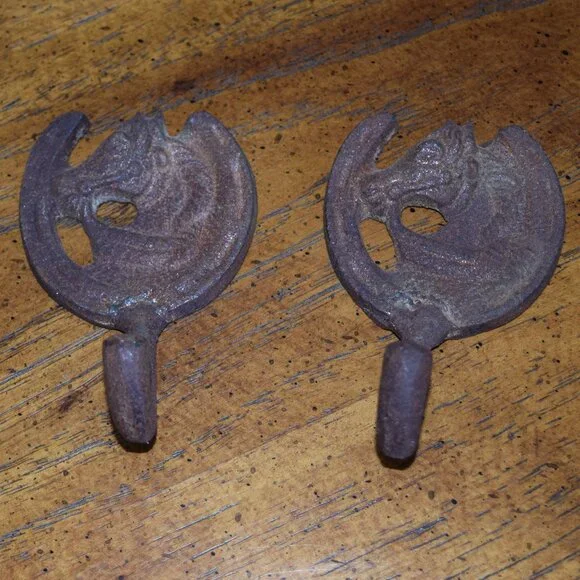 2 Vtg Horse Head Cast Iron Metal Hook Towel Coat Key Hanger Western Wall Hanging
