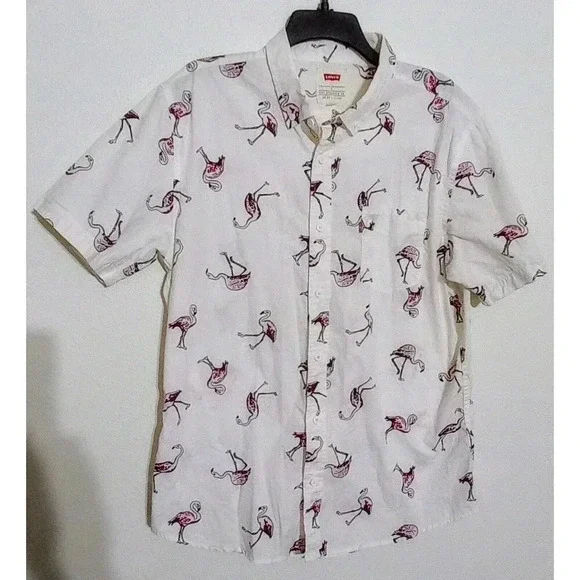 Levi's White Short Sleeve Button-Down Shirt with Pink Flamingo Print